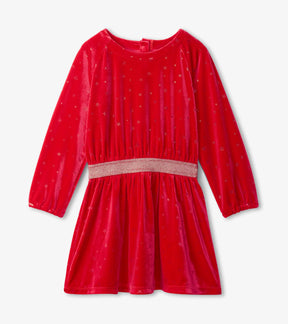Front of Hatley red crushed velour dress with metallic stars and sparkly waistband