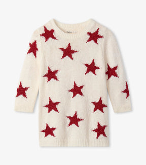 Front of Hatley cream baby sweater dress with allover red stars and ribbed trim