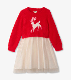 Front of Hatley Holideer dress with red fuzzy reindeer top and ivory dotted tulle skirt