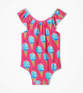 Hatley Ice Cream Cones baby ruffle swimsuit in bright pink, front view