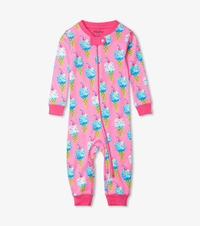 Hatley Ice Cream Cones pink coverall with blue scoops and cherry print, front view