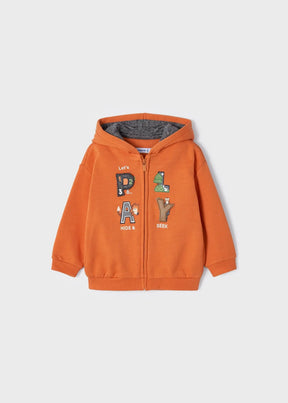 Front view of orange baby zip hoodie with interactive letters