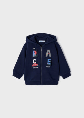 Front view of navy baby zip hoodie with interactive race letter patches