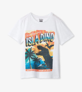 Hatley boys white Isla Dino tee with colorful postcard graphic and black dinosaur, front view