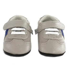 Pair of grey baby trainers with white elastic laces, front view