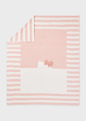 Pink and white Mayoral baby blanket with striped border and cat motif