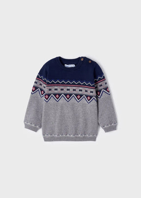 Front view of grey and navy baby boys jacquard sweater