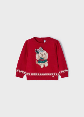 Baby girl wearing red knit sweater with dog appliqué