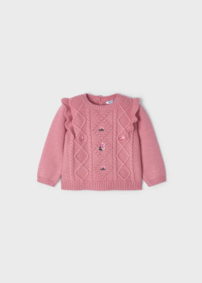 Front view of dusty pink baby girls cable knit flower sweater