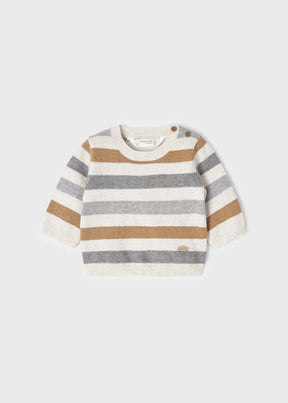 Front view of cream Mayoral baby sweater with tan and gray stripes