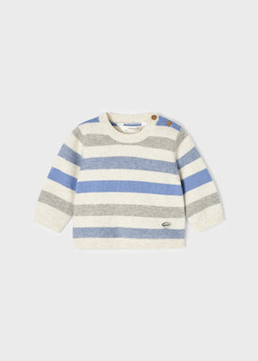 Front view of cream Mayoral baby sweater with blue and gray stripes