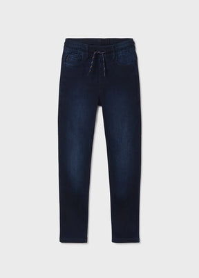 Front view of dark blue boys jogger-fit soft jeans with drawcord waist