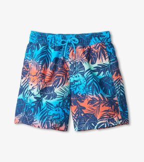 Front view of Hatley Jungle Dinos blue swim trunks with drawcord and tropical dinosaur print