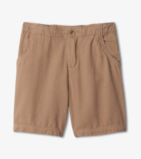 Hatley boys khaki cotton twill shorts with adjustable waist, front view