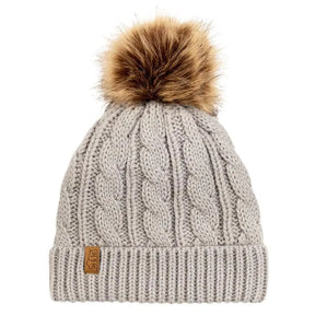Grey cable-knit beanie with folded cuff and faux-fur pom-pom, product view