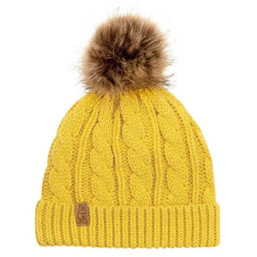 Mustard cable-knit beanie with faux-fur pom-pom, product view