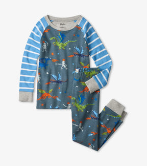 Hatley Knights and Dragons boys pajama set with blue striped raglan sleeves and gray cuffs