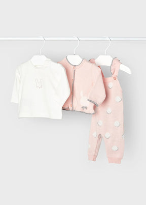 Pink cardigan white top and pom-pom knit dungarees baby girls set