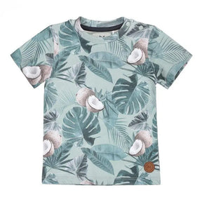 Front view of light green Koko-Noko boys T-shirt with coconut and tropical leaf print