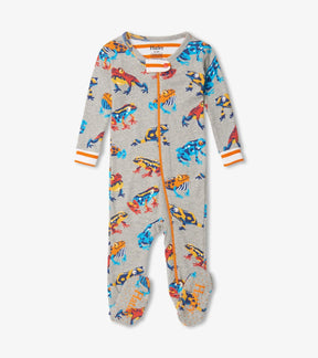 Hatley Leaping Frogs grey footed coverall with orange zipper and striped cuffs, front view