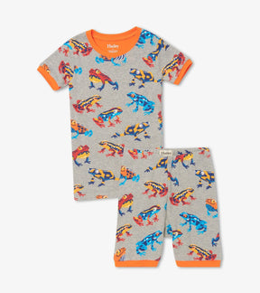 Hatley Leaping Frogs grey short pajama top and shorts with orange trim, front view