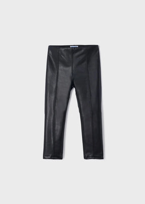 Front view of black girls leatherette leggings with elastic waist