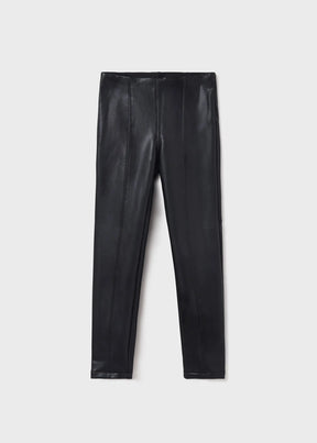 Front view of black girls leatherette leggings with seam details