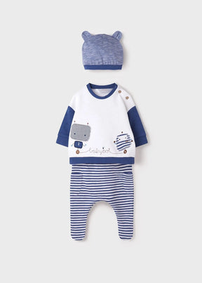 Blue and white newborn boy set with bear top, striped pants and ear hat