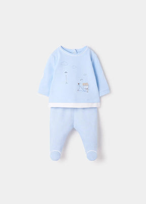 Pale blue newborn boy top and matching footed leggings, front view