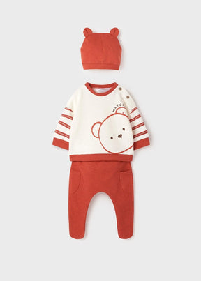 Rust and ivory newborn boy set with bear top, pants and ear hat, front view