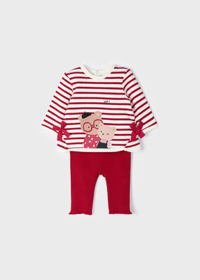 Front view of red striped bear top and red baby leggings set