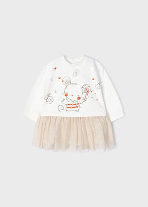 Front view of ivory baby dress with mouse appliqué and beige tulle skirt