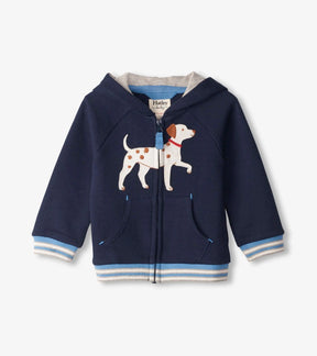 Front of navy Hatley Little Pup baby hoodie with spotted dog appliqué and striped rib trim