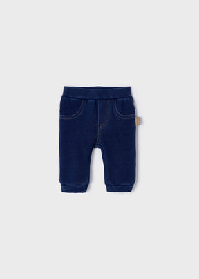 Front view of dark indigo baby denim-look jogger pants