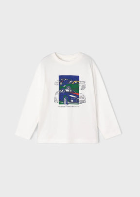 Front view of ivory boys T-shirt with blue and green race cars