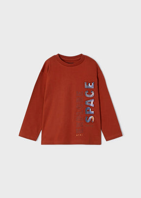 Rust orange boys long-sleeve T-shirt with EXPLORE SPACE graphic, front view