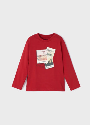 Front view of red boys long-sleeve T-shirt with layered city graphics