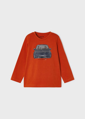 Front view of orange boys T-shirt with dark grey interactive car graphic