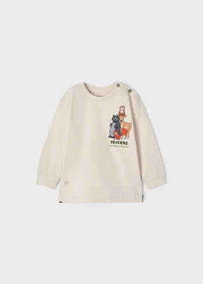 Front view of ivory baby long-sleeve T-shirt with woodland animal friends