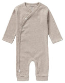 Taupe melange Noppies Nevis baby playsuit, front view with wrap snaps