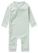 Grey mint Nevis playsuit, alternate front view with wrap snaps