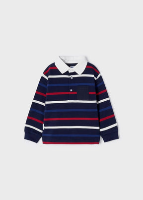 Front view of navy baby polo with red blue and ivory stripes