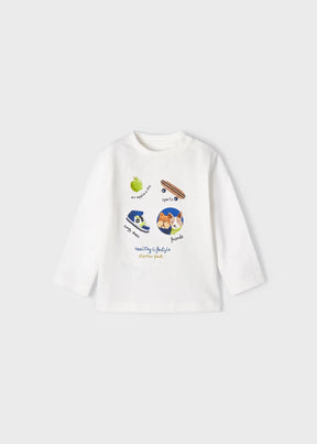 Front view of ivory Mayoral baby long-sleeve lifestyle graphic tee
