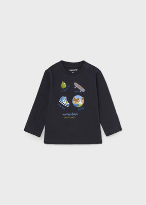 Front view of navy Mayoral baby long-sleeve lifestyle graphic tee