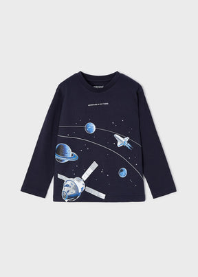 Front view of navy Mayoral boys space graphic long-sleeve T-shirt