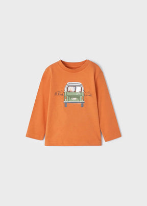 Front view of orange Mayoral baby boys tee with green van graphic
