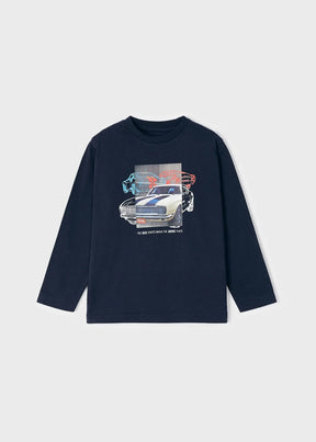 Front view of navy boys long-sleeve T-shirt with classic car graphic
