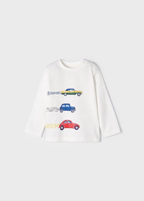 Front view of ivory baby boys long-sleeve T-shirt with three colourful cars