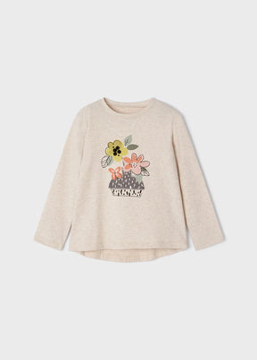 Front view of oatmeal girls long-sleeve tee with flower-pot appliqué