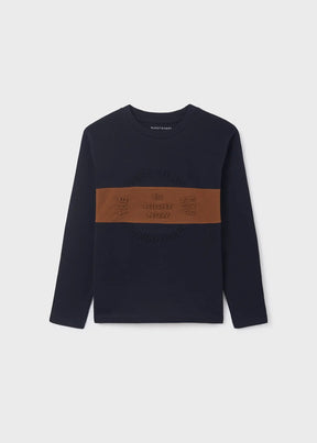 Navy boys long-sleeve T-shirt with brown embossed chest panel, front view
